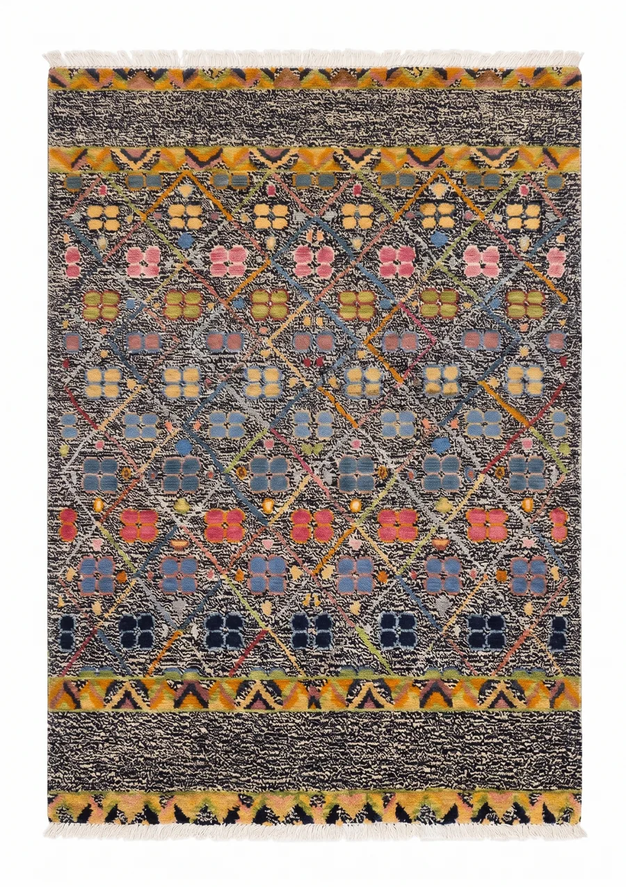Gabbeh Lattice Floral Charcoal, Qashqai Tribal Region, Fars Province, Iran modern rug, in charcoal black, Wool, 122 × 183 cm (4'0" × 6'0"), Nasim Carpets Malaysia — view 1