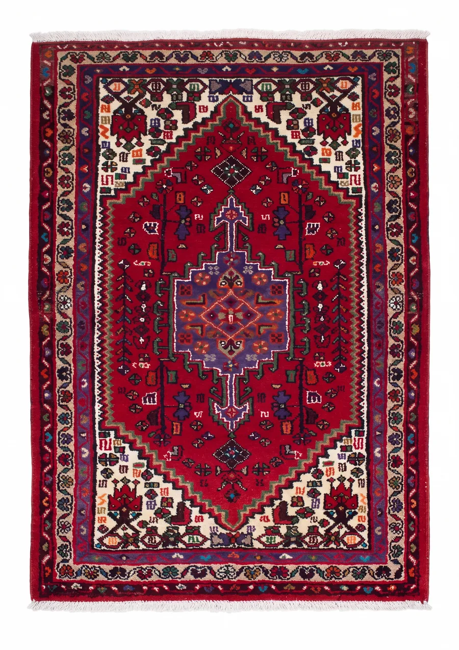 Hamadan Medallion Red Blue, Hamadan tribal rug, in madder red, Wool, 91 × 152 cm (3'0" × 5'0"), Nasim Carpets Malaysia — view 1