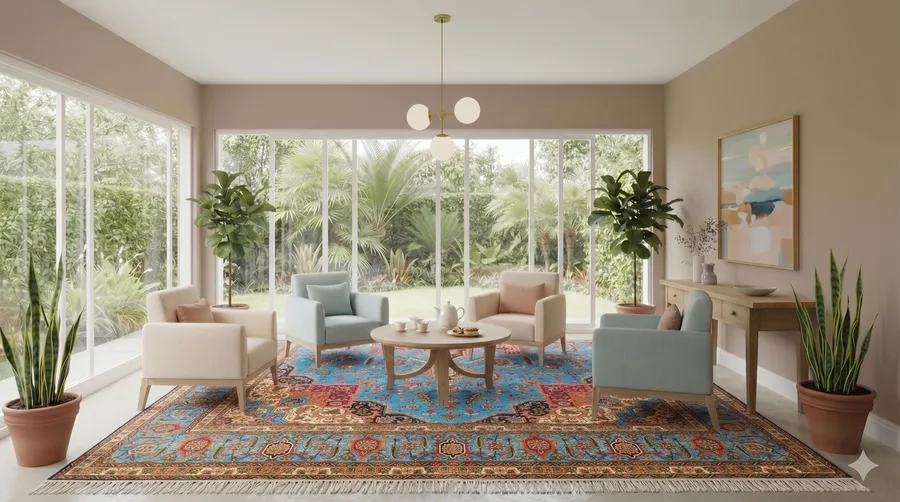 Heriz Medallion Sky Blue, Heriz, Iran bespoke rug, in sky blue, Bamboo Silk, 200 × 300 cm (6'7" × 9'10"), Nasim Carpets Malaysia — view 2