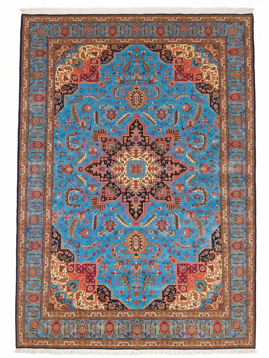 Heriz Medallion Sky Blue, Heriz, Iran bespoke rug, in sky blue, Bamboo Silk, 200 × 300 cm (6'7" × 9'10"), Nasim Carpets Malaysia — view 1