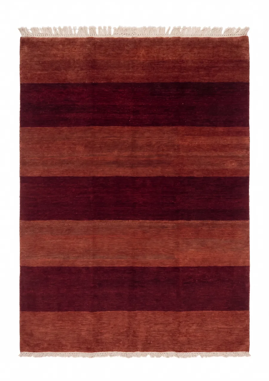 Indo-Gabbeh Stripe Burgundy, Indo-Gabbeh, India (inspired by Lori-Qashqai Gabbeh tradition, Iran) modern rug, in burgundy, Wool, 130 × 193 cm (4'3" × 6'4"), Nasim Carpets Malaysia — view 1