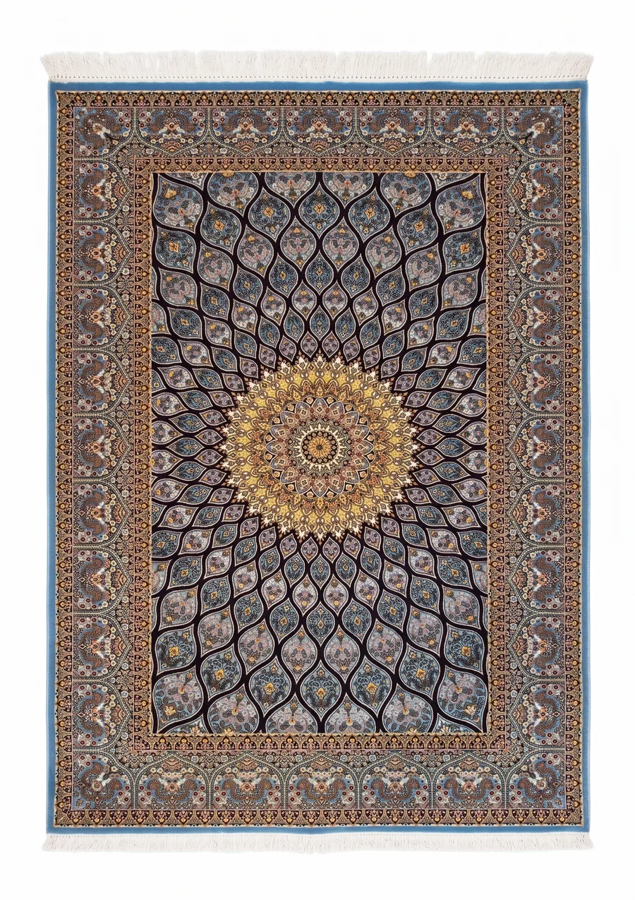 Isfahan Gonbad Blue, Isfahan, Iran bespoke rug, in cerulean blue, Bamboo Silk, 99 × 152 cm (3'3" × 5'0"), Nasim Carpets Malaysia — view 1