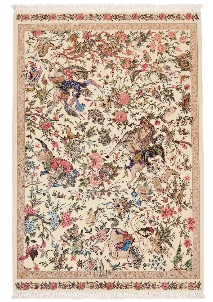 Isfahan Hunting Scene Ivory, Isfahan, Iran bespoke rug, in antique ivory, Jute, 61 × 91 cm (2'0" × 3'0"), Nasim Carpets Malaysia — view 1