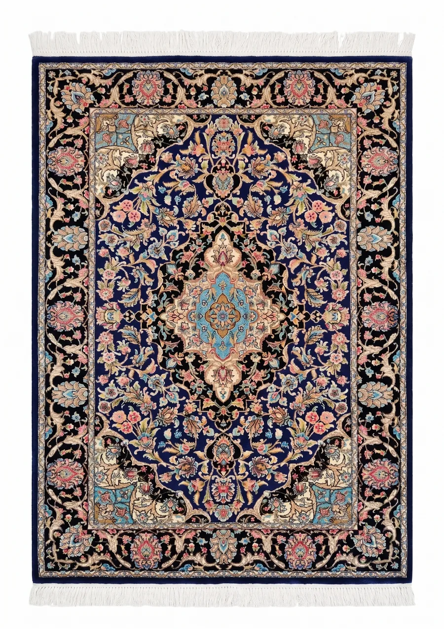 Isfahan Medallion Floral Navy, Isfahan, Iran bespoke rug, in royal navy, Jute, 61 × 91 cm (2'0" × 3'0"), Nasim Carpets Malaysia — view 1