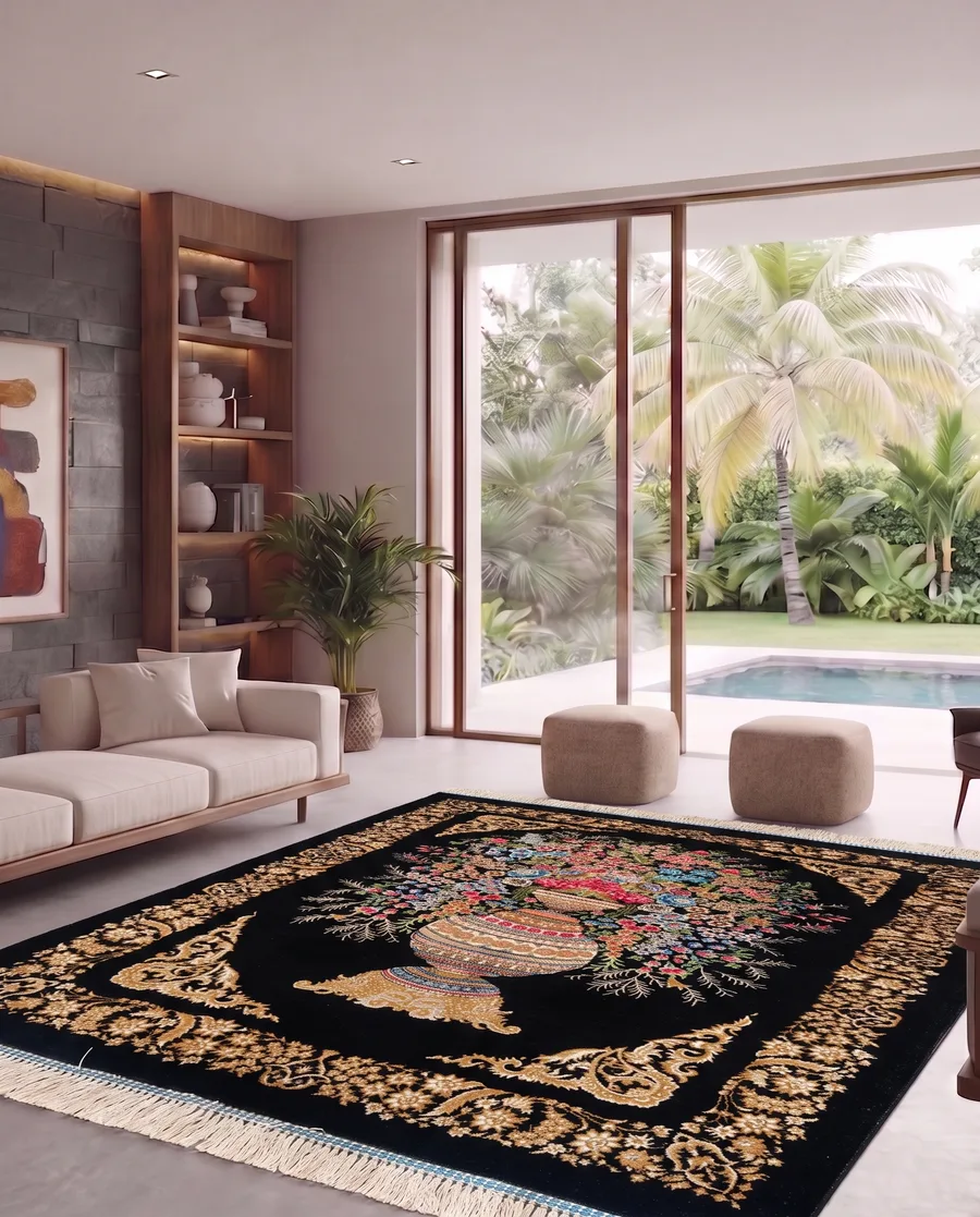 Isfahan Vase Bouquet Black, Isfahan, Iran bespoke rug, in jet black, Jute, 61 × 91 cm (2'0" × 3'0"), Nasim Carpets Malaysia — view 2