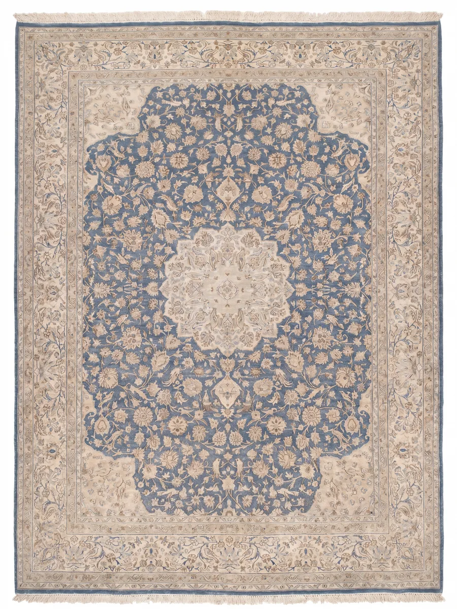 Kashan Medallion Floral Steel Blue, Kashan, Iran persian rug, in steel blue, Wool, 264 × 366 cm (8'8" × 12'0"), Nasim Carpets Malaysia — view 1