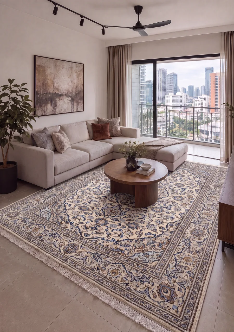 Kashan Medallion Ivory Blue, Kashan, Iran persian rug, in ivory, Wool, 203 × 282 cm (6'8" × 9'3"), Nasim Carpets Malaysia — view 2