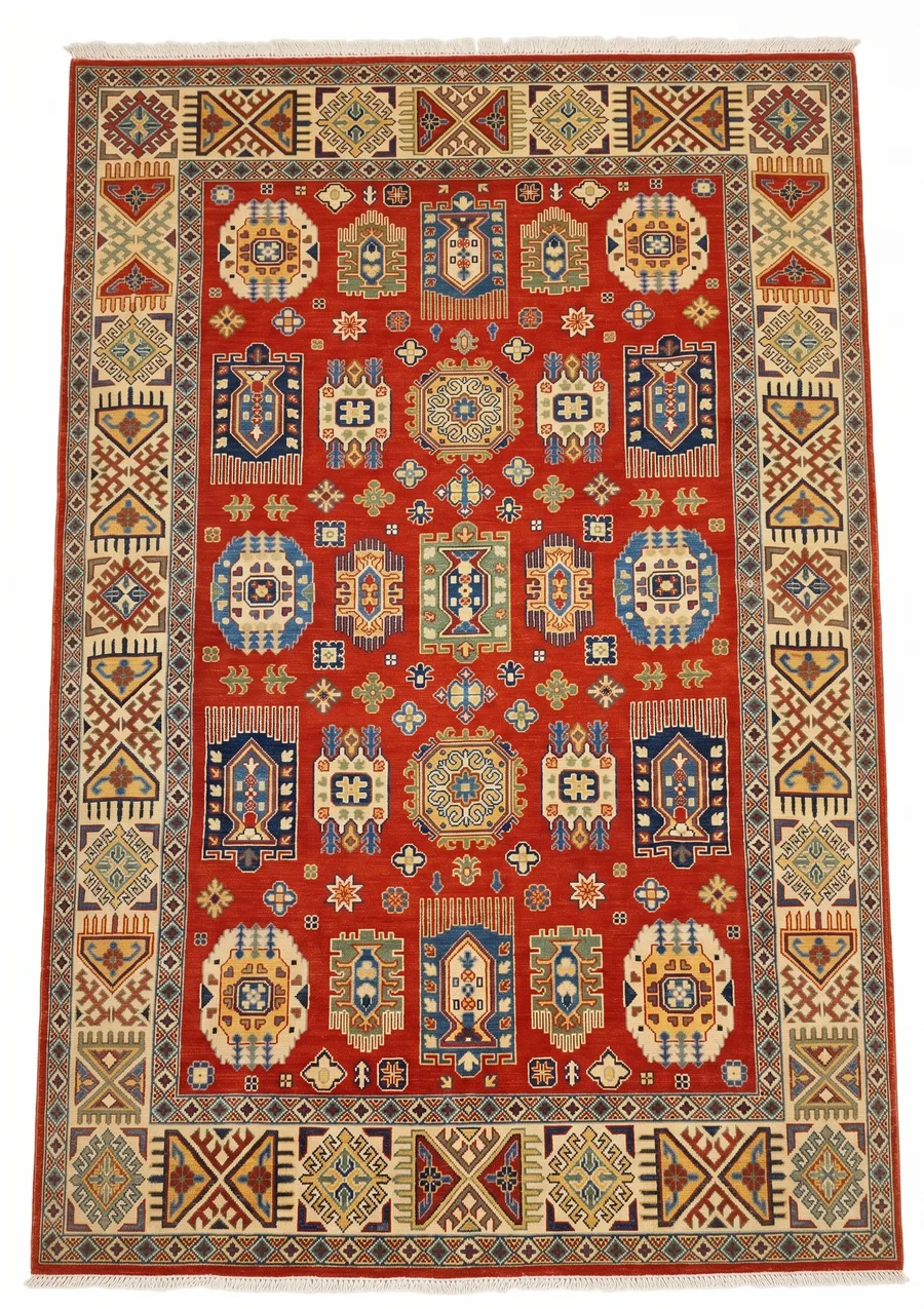Kazak All-Over Medallion Red, Kazak, Caucasus (Afghan-woven in the Caucasian Kazak tradition) tribal rug, in madder red, Wool, 198 × 295 cm (6'6" × 9'8"), Nasim Carpets Malaysia — view 1