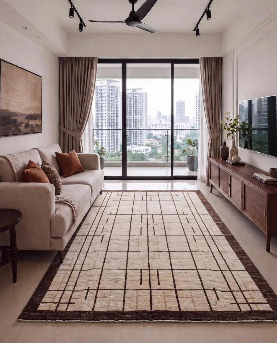 Kazak Linear Grid Ivory, Kazakhstan modern rug, in warm ivory, Wool, 183 × 274 cm (6'0" × 9'0"), Nasim Carpets Malaysia — view 2