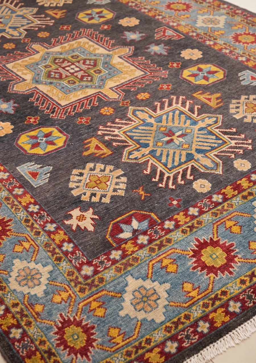 Kazak Medallion Charcoal, Caucasian-style, Afghan-Kazak (likely Kabul or Ghazni province, Afghanistan) tribal rug, in charcoal grey, Wool, 168 × 244 cm (5'6" × 8'0"), Nasim Carpets Malaysia — view 3