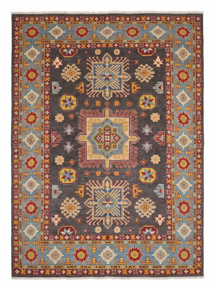 Kazak Medallion Charcoal, Caucasian-style, Afghan-Kazak (likely Kabul or Ghazni province, Afghanistan) tribal rug, in charcoal grey, Wool, 168 × 244 cm (5'6" × 8'0"), Nasim Carpets Malaysia — view 1