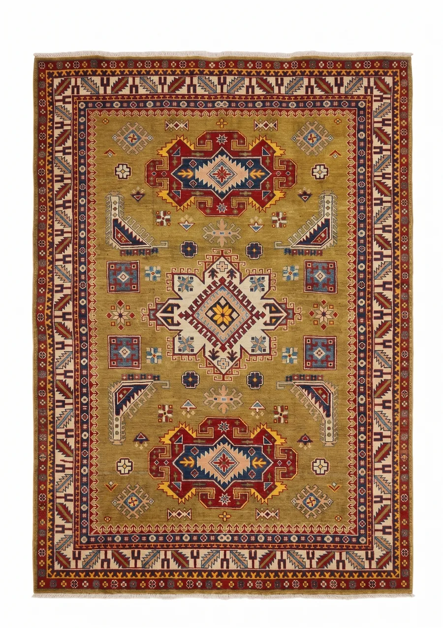 Kazak Medallion Olive Gold, Kazak, Afghanistan (Afghan-Kazak) tribal rug, in olive gold, Wool, 175 × 244 cm (5'9" × 8'0"), Nasim Carpets Malaysia — view 1