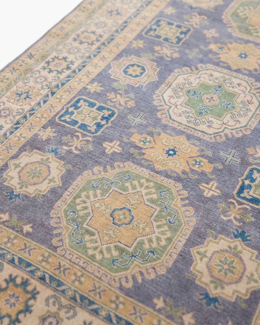 Kazak Medallion Slate Blue, Kazak, Caucasus (Afghan-woven in Caucasian Kazak tradition) tribal rug, in slate blue, Wool, 198 × 297 cm (6'6" × 9'9"), Nasim Carpets Malaysia — view 3