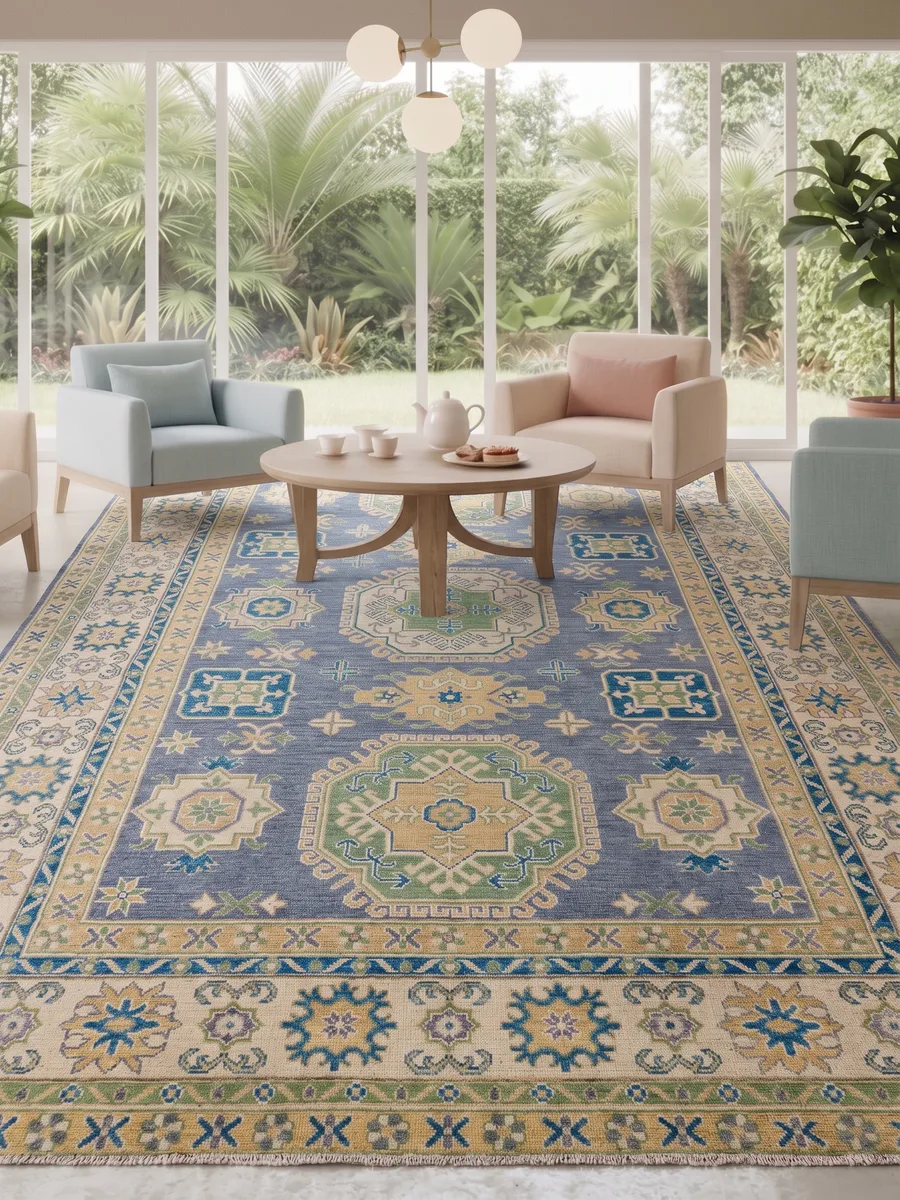 Kazak Medallion Slate Blue, Kazak, Caucasus (Afghan-woven in Caucasian Kazak tradition) tribal rug, in slate blue, Wool, 198 × 297 cm (6'6" × 9'9"), Nasim Carpets Malaysia — view 2