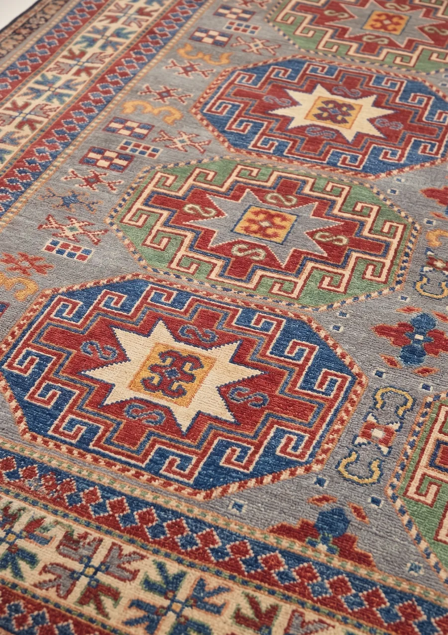 Kazak Medallion Star Grey, Caucasian Kazak, Afghanistan (revival weaving) tribal rug, in slate grey, Wool, 168 × 244 cm (5'6" × 8'0"), Nasim Carpets Malaysia — view 3