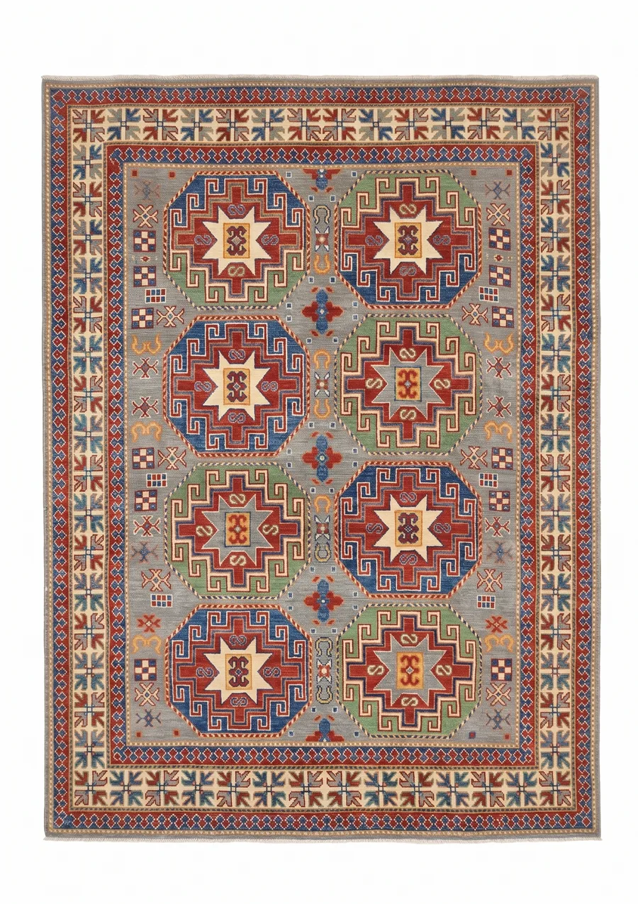 Kazak Medallion Star Grey, Caucasian Kazak, Afghanistan (revival weaving) tribal rug, in slate grey, Wool, 168 × 244 cm (5'6" × 8'0"), Nasim Carpets Malaysia — view 1