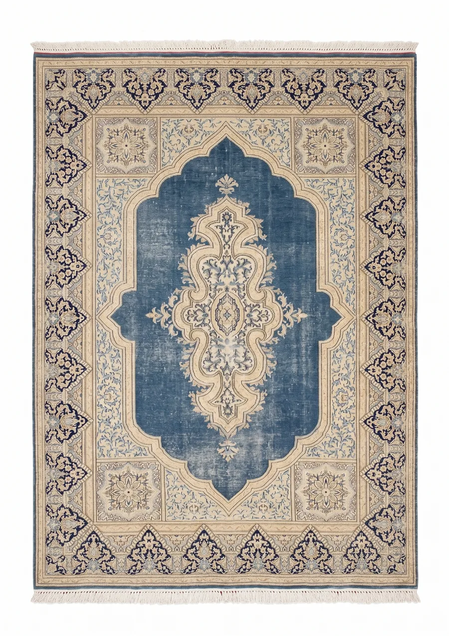 Kerman Medallion Ivory Blue, Kerman, Iran persian rug, in steel blue, Wool, 244 × 328 cm (8'0" × 10'9"), Nasim Carpets Malaysia — view 1