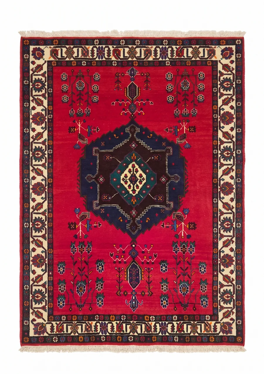 Luri Tribal Medallion Crimson, Luristan, Iran tribal rug, in crimson red, Wool, 152 × 213 cm (5'0" × 7'0"), Nasim Carpets Malaysia — view 1