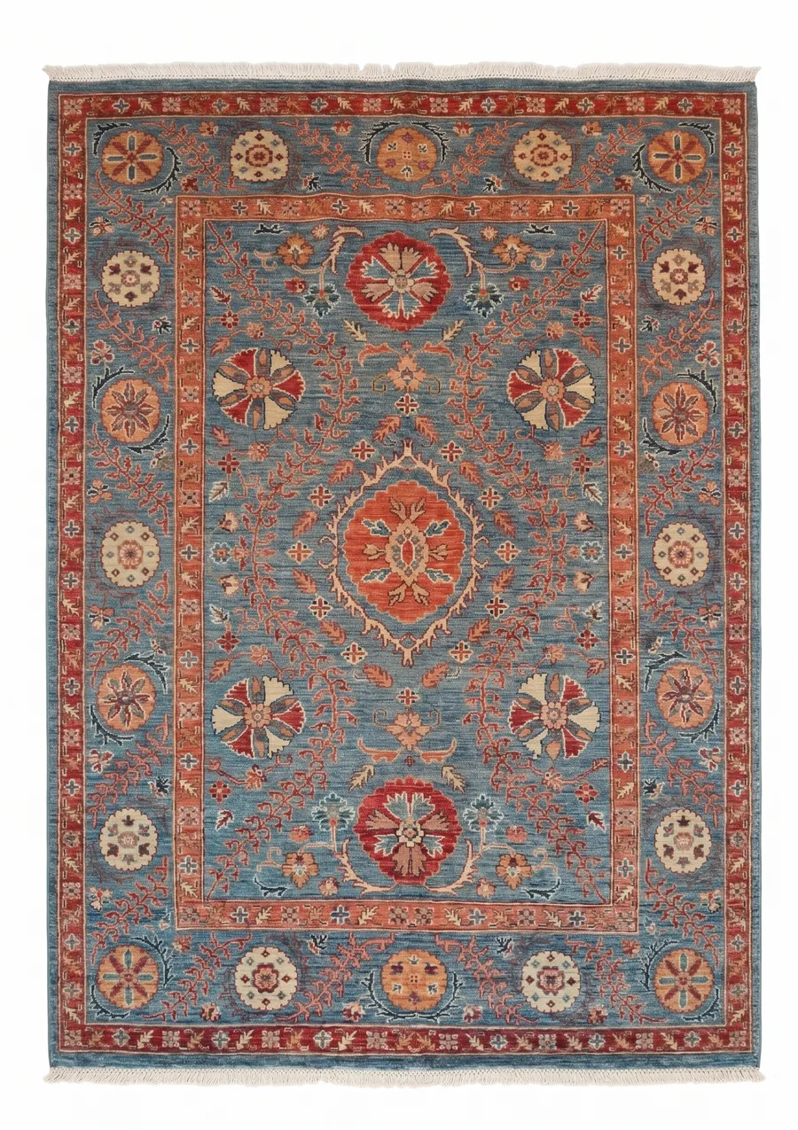 Mamluk Vase Floral Slate Blue, Peshawar, Pakistan (Chobi / Afghan-Mamluk tradition) tribal rug, in slate blue, Wool, 152 × 213 cm (5'0" × 7'0"), Nasim Carpets Malaysia — view 1