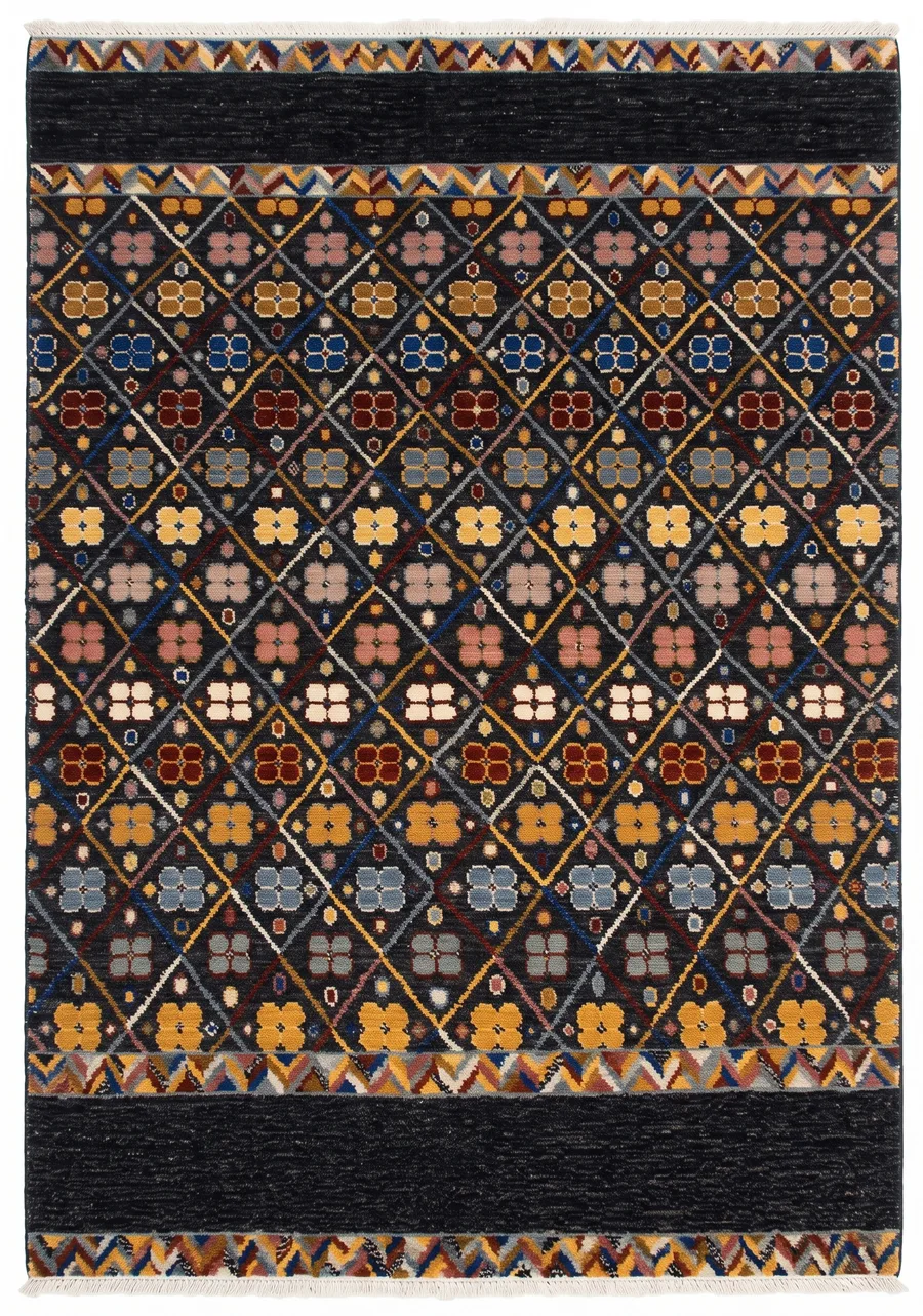 Moroccan Lattice Floral Multicolor, Morocco (Berber/Atlas region) modern rug, in charcoal black, Wool, 168 × 244 cm (5'6" × 8'0"), Nasim Carpets Malaysia — view 1