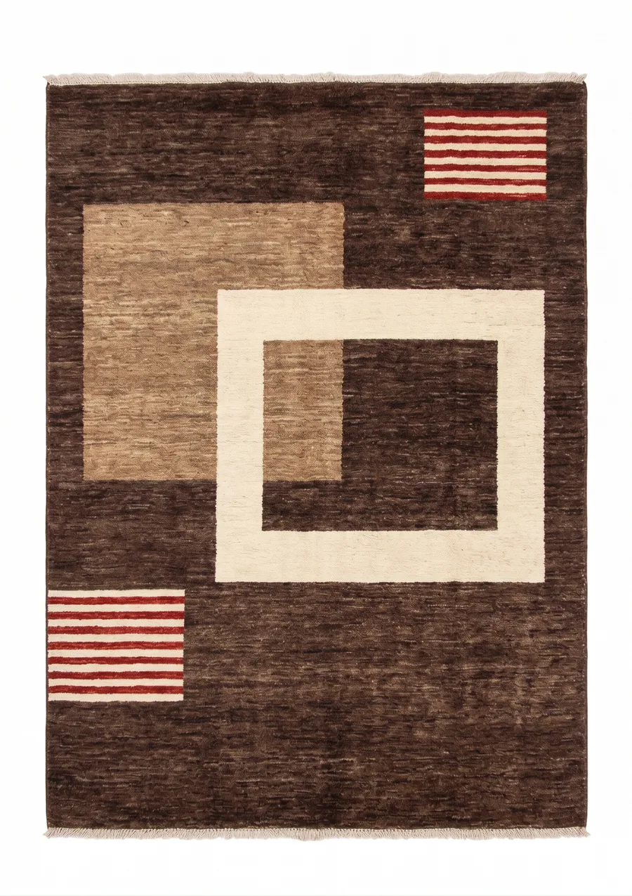 Pakistani Gabbeh Geometric Brown, Pakistan modern rug, in chocolate brown, Wool, 249 × 315 cm (8'2" × 10'4"), Nasim Carpets Malaysia — view 1