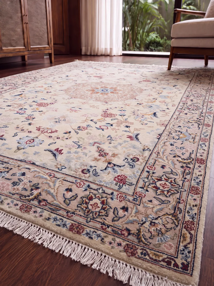 Tabriz Medallion Floral Ivory, Tabriz, Iran persian rug, in antique ivory, Wool, 122 × 224 cm (4'0" × 7'4"), Nasim Carpets Malaysia — view 4