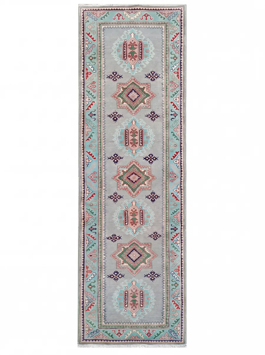 Kazak Medallion Runner Steel Blue, Kazak, Caucasus (Afghan-woven in Kazak tradition) tribal rug, in steel blue, Wool, 291 × 77 cm (9'7" × 2'6"), Nasim Carpets Malaysia — view 1