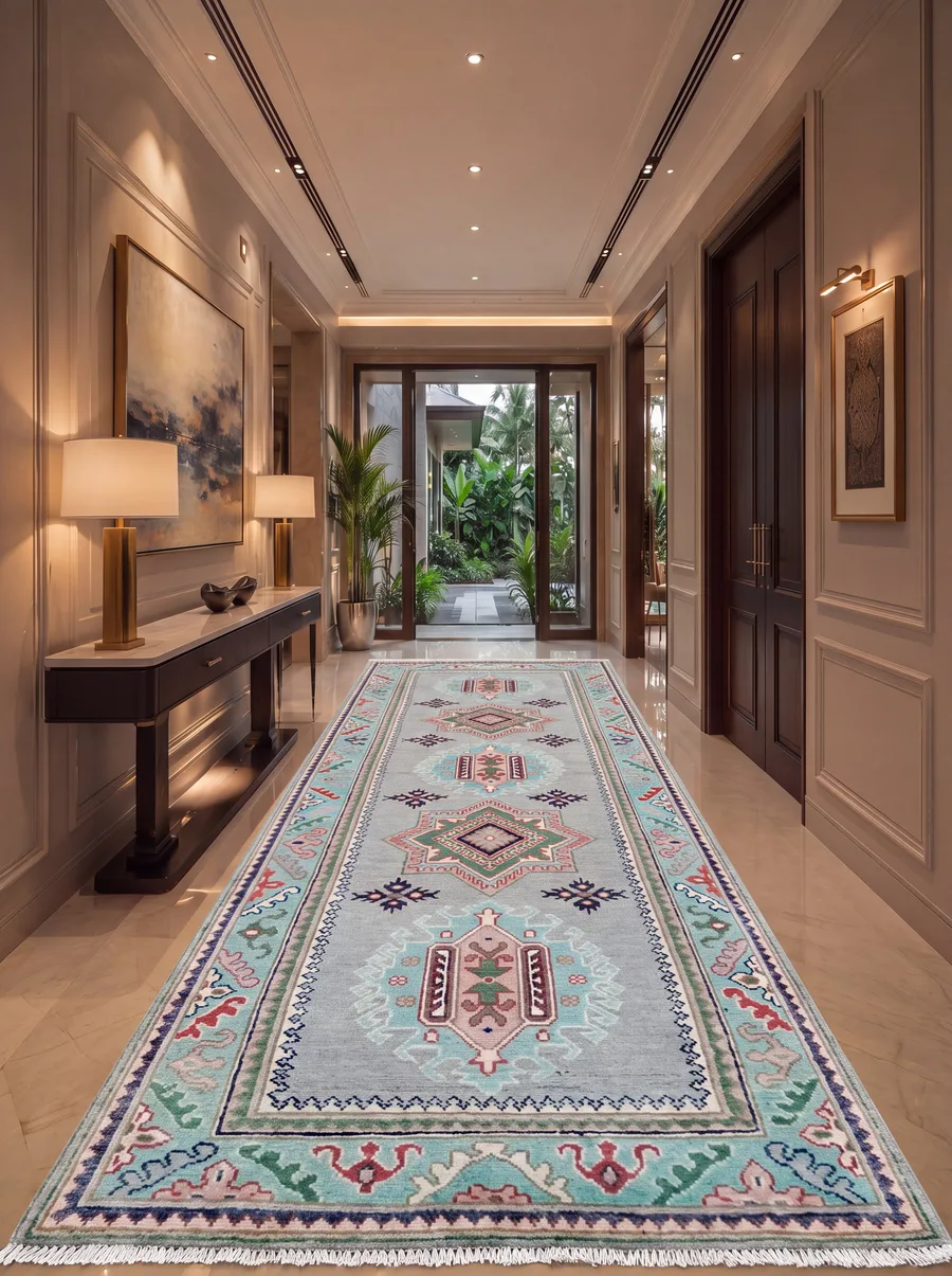 Kazak Medallion Runner Steel Blue, Kazak, Caucasus (Afghan-woven in Kazak tradition) tribal rug, in steel blue, Wool, 291 × 77 cm (9'7" × 2'6"), Nasim Carpets Malaysia — view 2