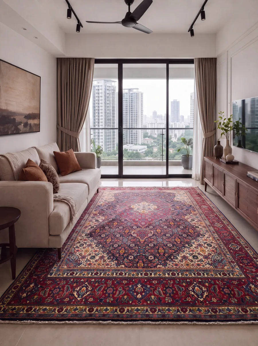 Moud Mahi Medallion Midnight Blue, Moud, Khorasan Province, Iran persian rug, in blue, Wool, 264 × 335 cm (8'8" × 11'0"), Nasim Carpets Malaysia — view 2