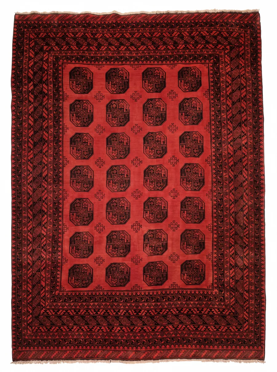 Afghan Bokhara Elephant Foot Red, Northern Afghanistan (Turkmen diaspora weaving tradition, likely Kunduz or Andkhoy region) tribal rug, in madder red, Wool, 201 × 282 cm (6'7" × 9'3"), Nasim Carpets Malaysia — view 1