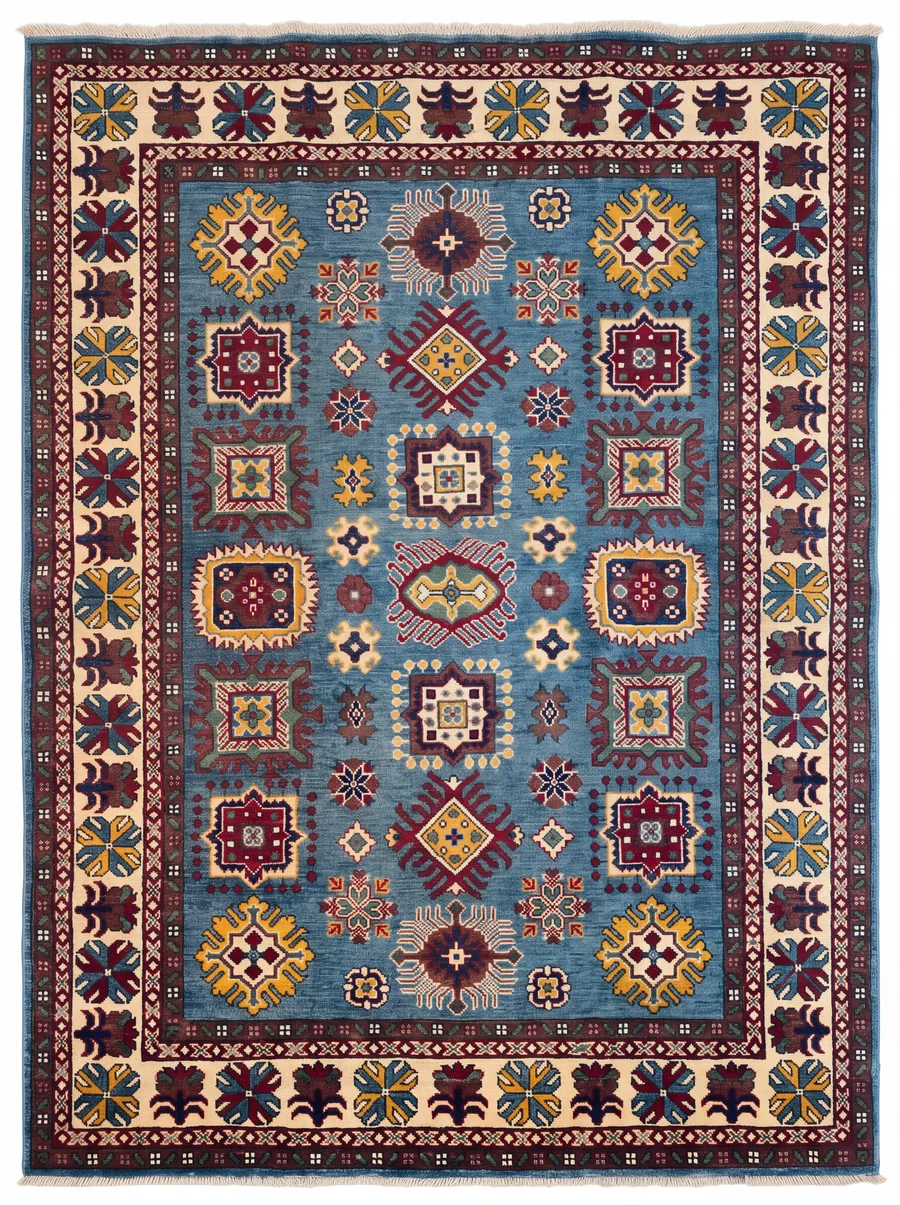 Kazakh Compartmental Sky Blue, Afghan Kazakh (Northwest Afghanistan, Kunduz region) tribal rug, in steel blue, Wool, 152 × 213 cm (5'0" × 7'0"), Nasim Carpets Malaysia — view 1