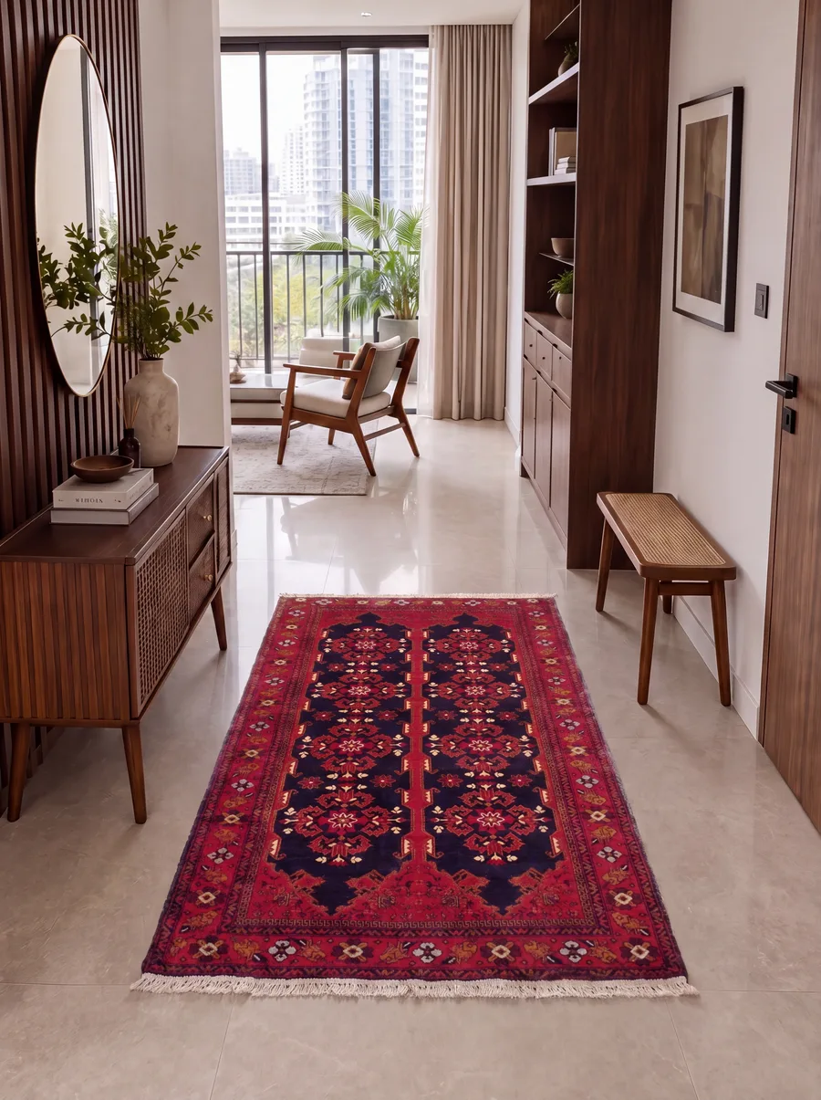 Afghan Ersari Double Column Indigo Red, Ersari Turkmen, Northern Afghanistan tribal rug, in navy, Wool, 6 × 3 cm (0'2" × 0'1"), Nasim Carpets Malaysia — view 2