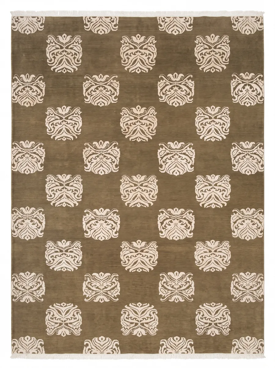 Modern Damask All-Over Olive, India (contemporary Indo-Tibetan/Nepalese workshop tradition) modern rug, in olive khaki, Wool, 213 × 308 cm (7'0" × 10'1"), Nasim Carpets Malaysia — view 1