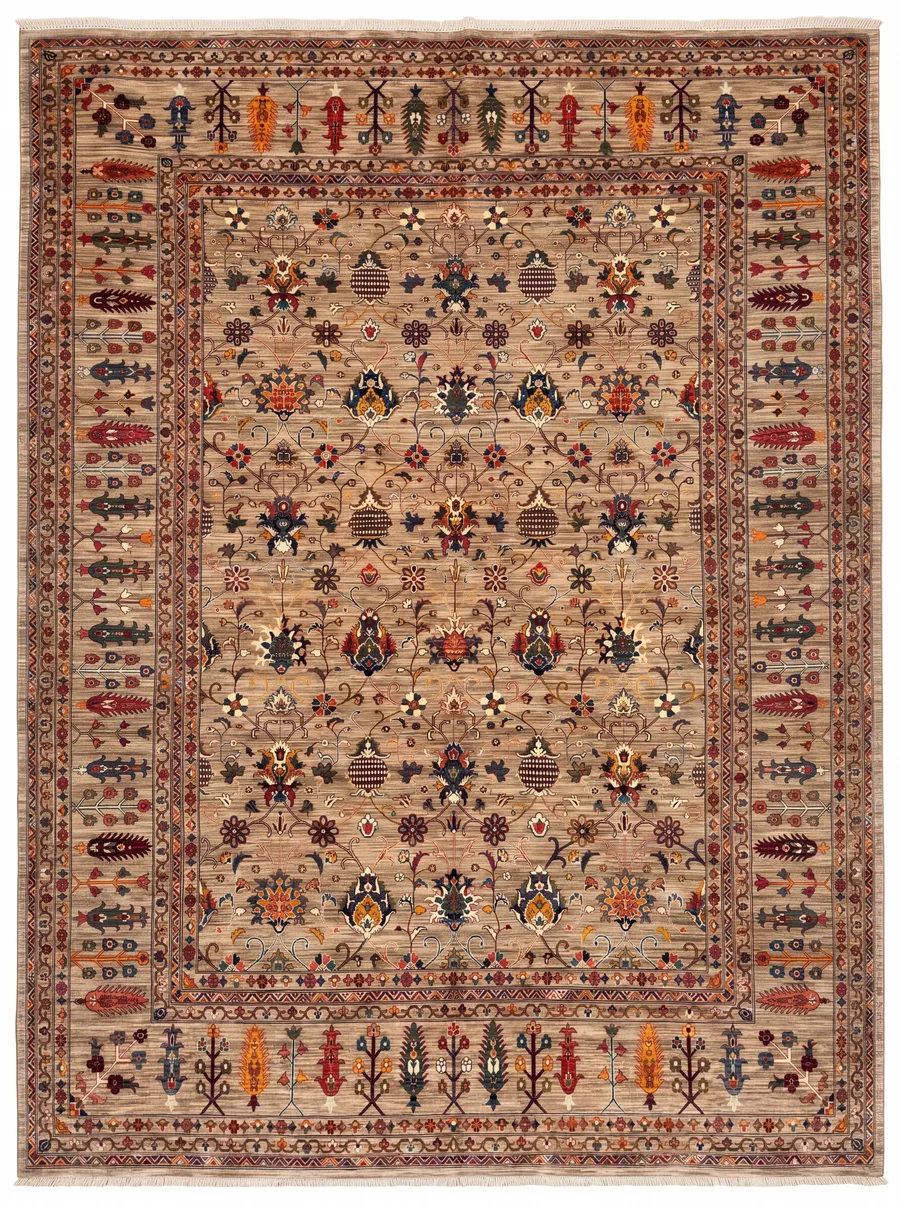 Ziegler All-Over Floral Sand, Peshawar/Afghan Ziegler, Northwest Pakistan–Afghanistan Border Region tribal rug, in warm sand, Wool, 375 × 445 cm (12'4" × 14'7"), Nasim Carpets Malaysia — view 1