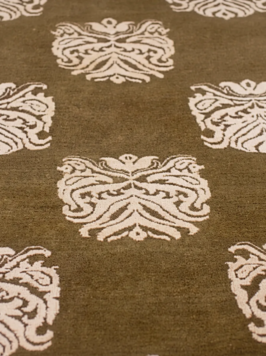 Modern Damask All-Over Olive, India (contemporary Indo-Tibetan/Nepalese workshop tradition) modern rug, in olive khaki, Wool, 213 × 308 cm (7'0" × 10'1"), Nasim Carpets Malaysia — view 3