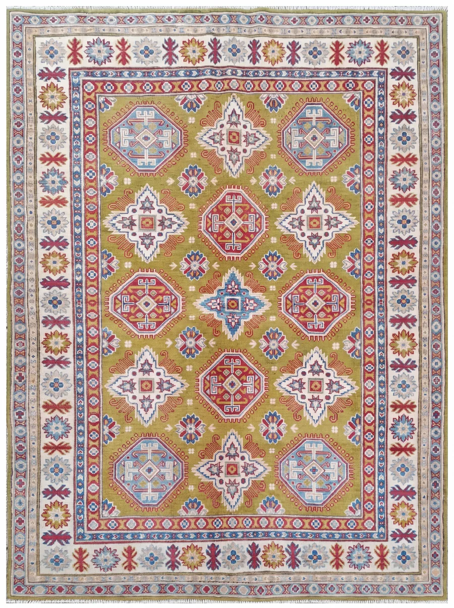 Kazakh Geometric Medallion Olive, Kazakhstan tribal rug, in olive green, Wool, 151 × 206 cm (4'11" × 6'9"), Nasim Carpets Malaysia — view 1