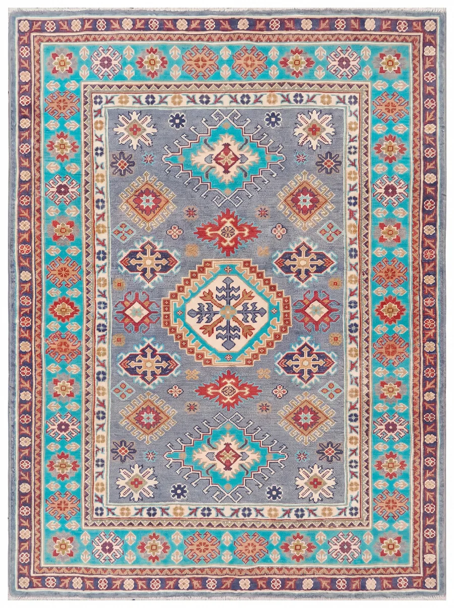 Kazakh Medallion Grey Ferozi, Kazakh-style, Afghanistan (Revival Kazak) tribal rug, in slate grey, Wool, 124 × 184 cm (4'1" × 6'0"), Nasim Carpets Malaysia — view 1