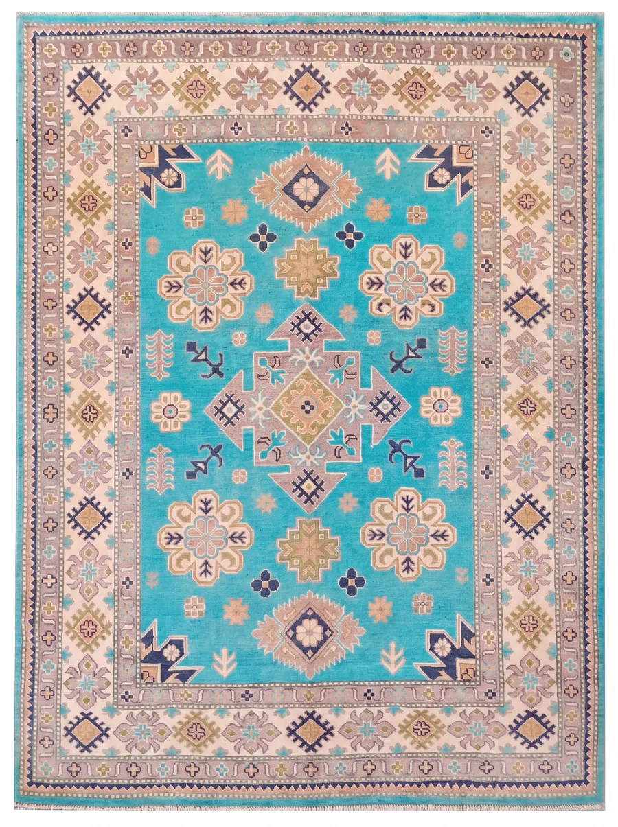 Kazak Medallion Turquoise, Caucasian Kazak, Afghanistan (Pakistani-Afghan revival tradition) tribal rug, in turquoise, Wool, 205 × 182 cm (6'9" × 6'0"), Nasim Carpets Malaysia — view 1