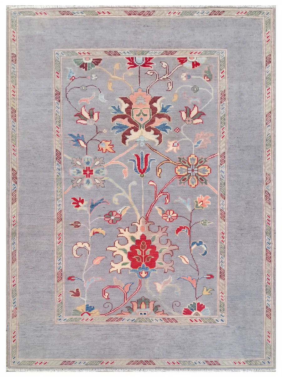 Kazakh Vase Floral Steel Blue, Kazakistan tribal rug, in steel blue grey, Wool, 122 × 191 cm (4'0" × 6'3"), Nasim Carpets Malaysia — view 1