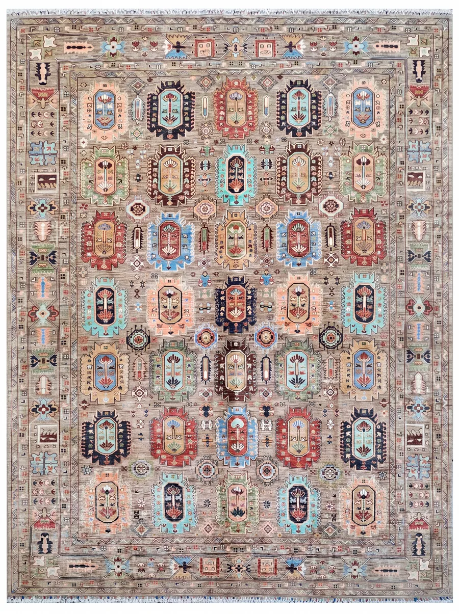 Afghan Mamluk Compartmental Multicolor, Afghanistan (Mamluk Revival style, likely woven in Kabul or Kunduz region) persian rug, in warm taupe, Wool, 245 × 319 cm (8'0" × 10'6"), Nasim Carpets Malaysia — view 1