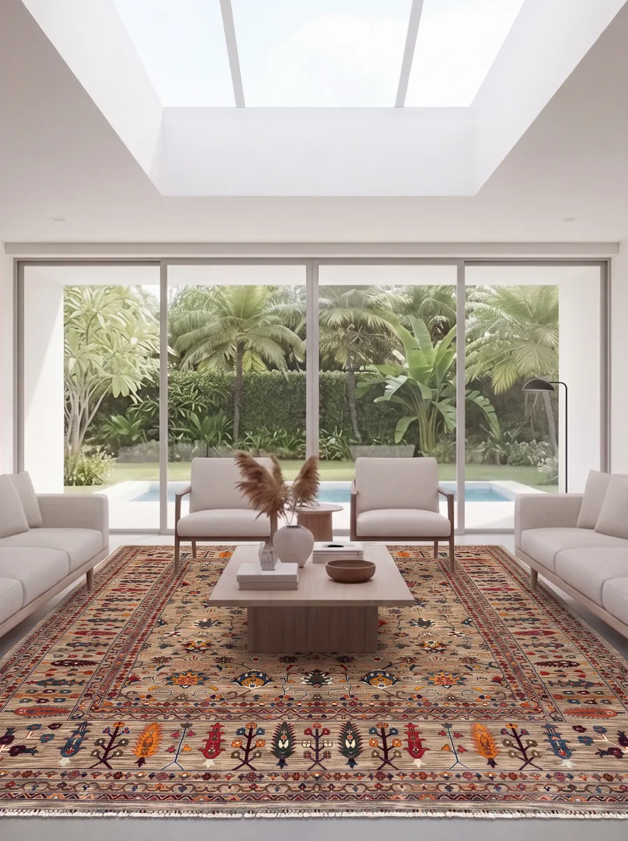Ziegler All-Over Floral Sand, Peshawar/Afghan Ziegler, Northwest Pakistan–Afghanistan Border Region tribal rug, in warm sand, Wool, 375 × 445 cm (12'4" × 14'7"), Nasim Carpets Malaysia — view 2