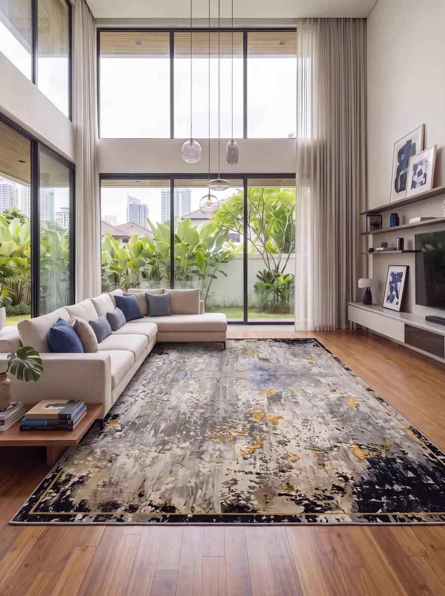 Contemporary Abstract Charcoal Gold, Belgium / Turkey (Western European machine-made contemporary) modern rug, in charcoal grey, Wool, 213 × 305 cm (7'0" × 10'0"), Nasim Carpets Malaysia — view 2