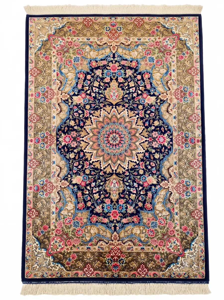 Qum Medallion Floral Navy, Qum (Qom), Iran bespoke rug, in midnight navy, Bamboo Silk, 61 × 91 cm (2'0" × 3'0"), Nasim Carpets Malaysia — view 1