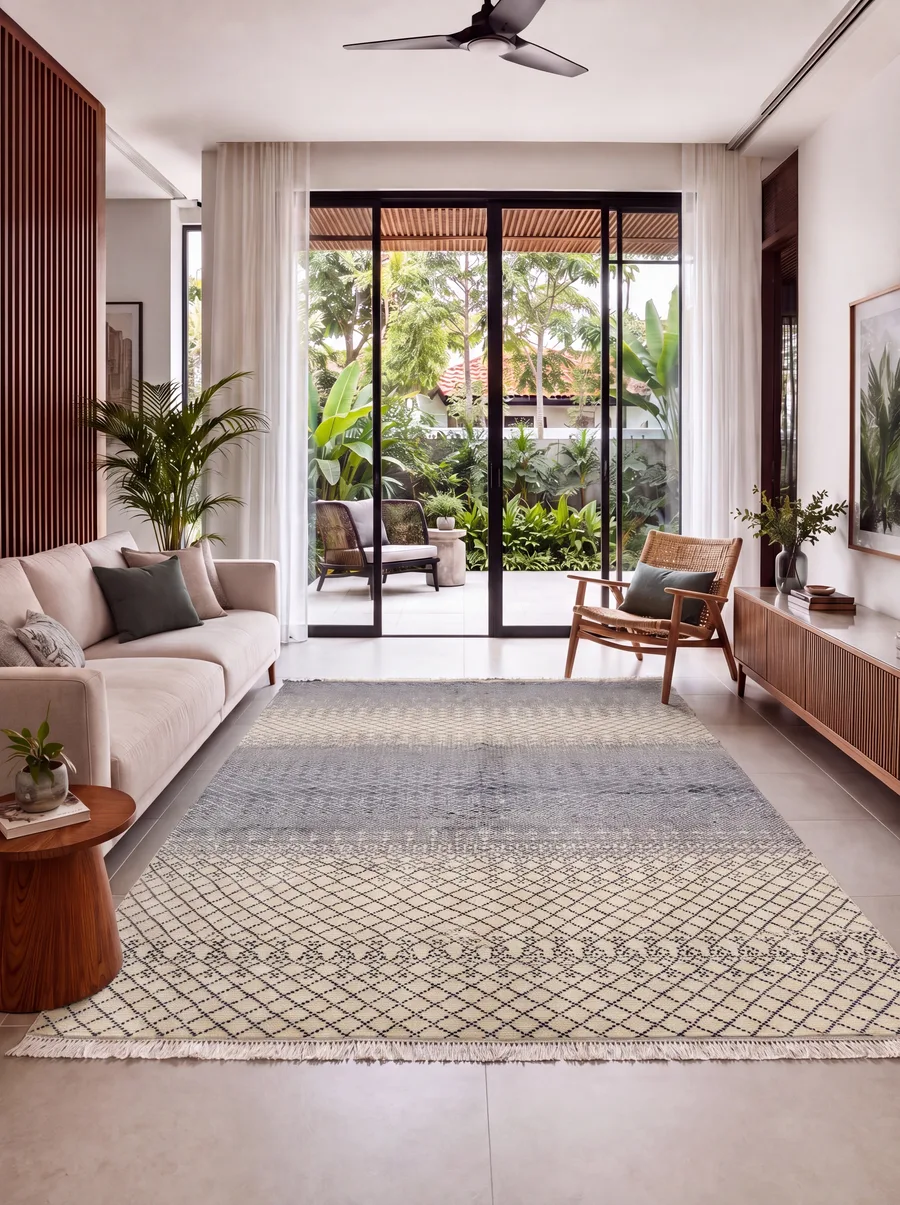 Moroccan Lattice Diamond Cream Grey, Morocco (Beni Ourain-inspired, North Africa) modern rug, in warm ivory, Wool, 152 × 244 cm (5'0" × 8'0"), Nasim Carpets Malaysia — view 2