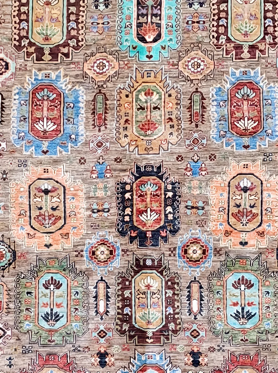 Afghan Mamluk Compartmental Multicolor, Afghanistan (Mamluk Revival style, likely woven in Kabul or Kunduz region) persian rug, in warm taupe, Wool, 245 × 319 cm (8'0" × 10'6"), Nasim Carpets Malaysia — view 3