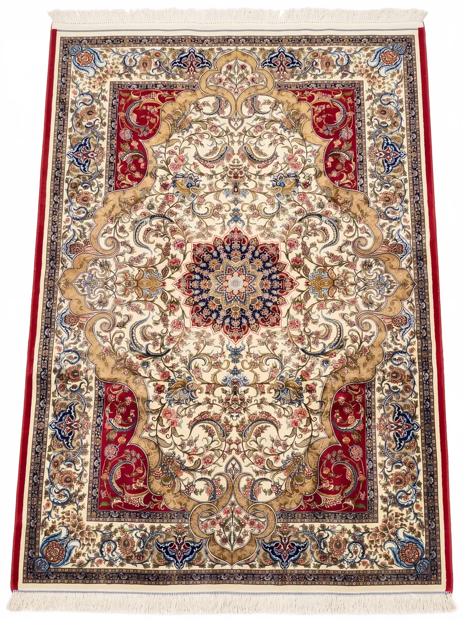 Isfahan Medallion Ivory Red, Isfahan, Iran bespoke rug, in ivory, Bamboo Silk, 122 × 183 cm (4'0" × 6'0"), Nasim Carpets Malaysia — view 1