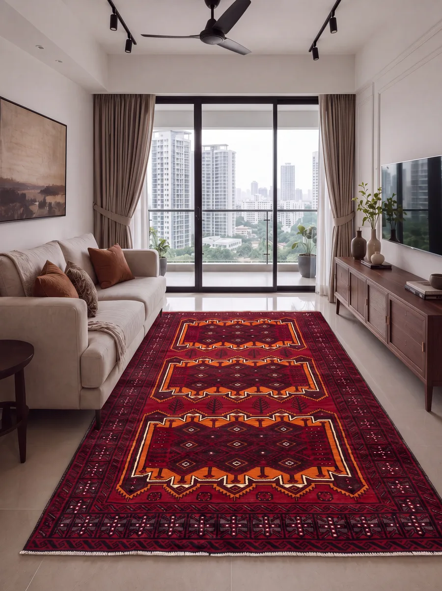 Baluch Geometric All-Over Crimson, Baluchistan, Afghanistan/Pakistan Border Region tribal rug, in madder crimson, Wool, 152 × 297 cm (5'0" × 9'9"), Nasim Carpets Malaysia — view 2