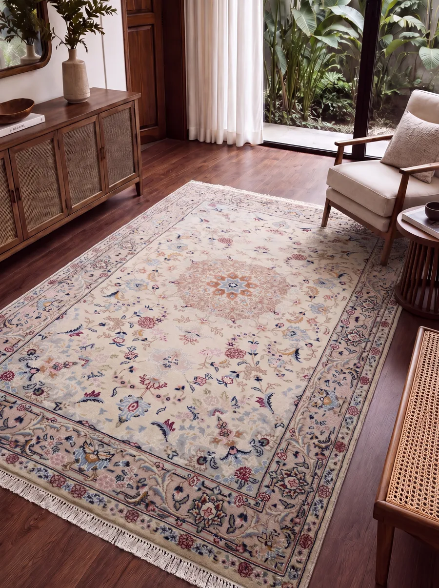 Tabriz Medallion Floral Ivory, Tabriz, Iran persian rug, in antique ivory, Wool, 122 × 224 cm (4'0" × 7'4"), Nasim Carpets Malaysia — view 3