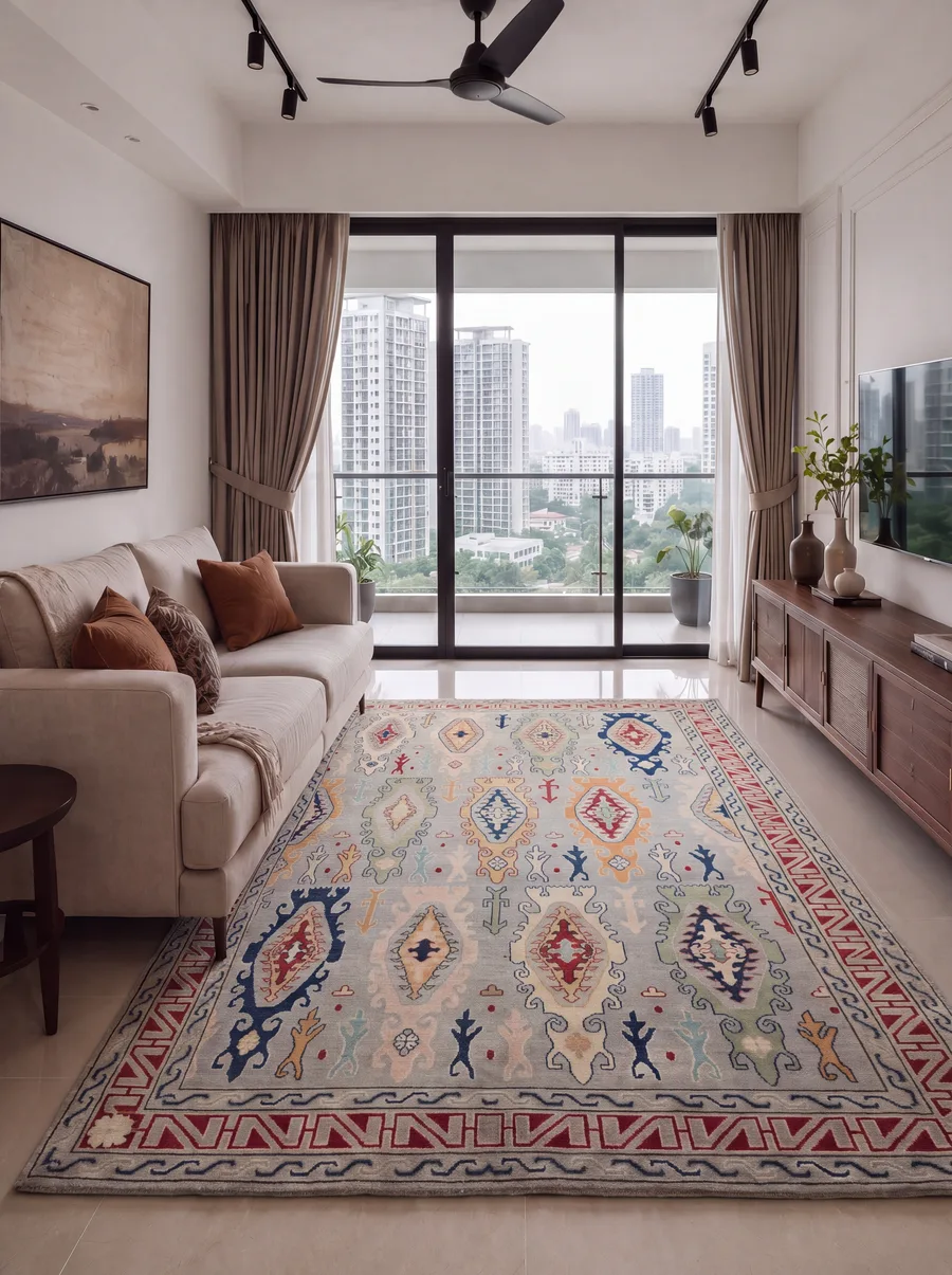 Kazak Ikat Medallion Silver-Blue, Kazak, Caucasus (contemporary Afghan interpretation) tribal rug, in silver, Wool, 201 × 305 cm (6'7" × 10'0"), Nasim Carpets Malaysia — view 2