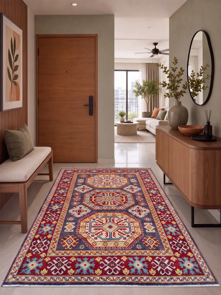 Kazakh Triple Medallion Indigo Red, Kazakh-style, Afghanistan (Afghan-Kazakh revival weaving) tribal rug, in indigo blue, Wool, 178 × 126 cm (5'10" × 4'2"), Nasim Carpets Malaysia — view 2